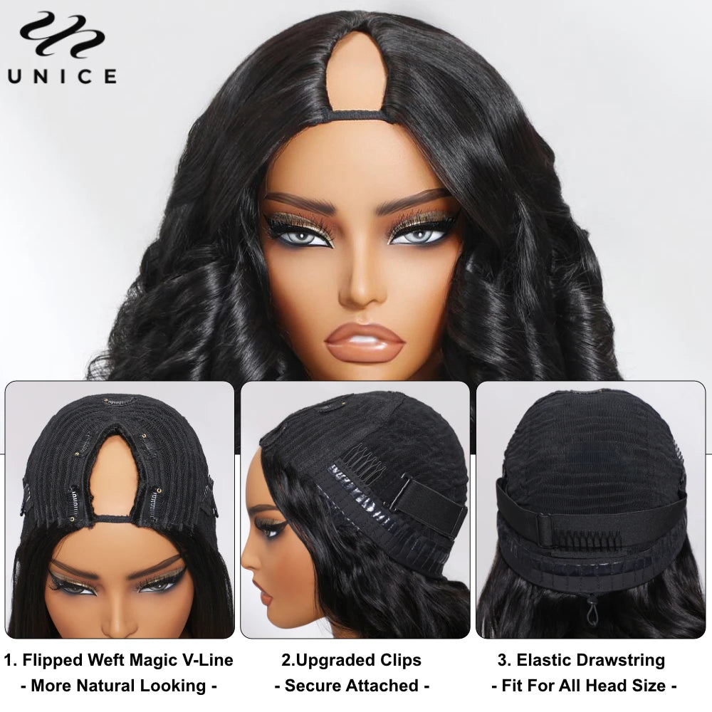 UNICE Hair Upgraded Drawstring Body Wave V Part Wig 100% Human Hair Natural Color V-Part Wig Ombre Brown VPart Wigs 150% Density