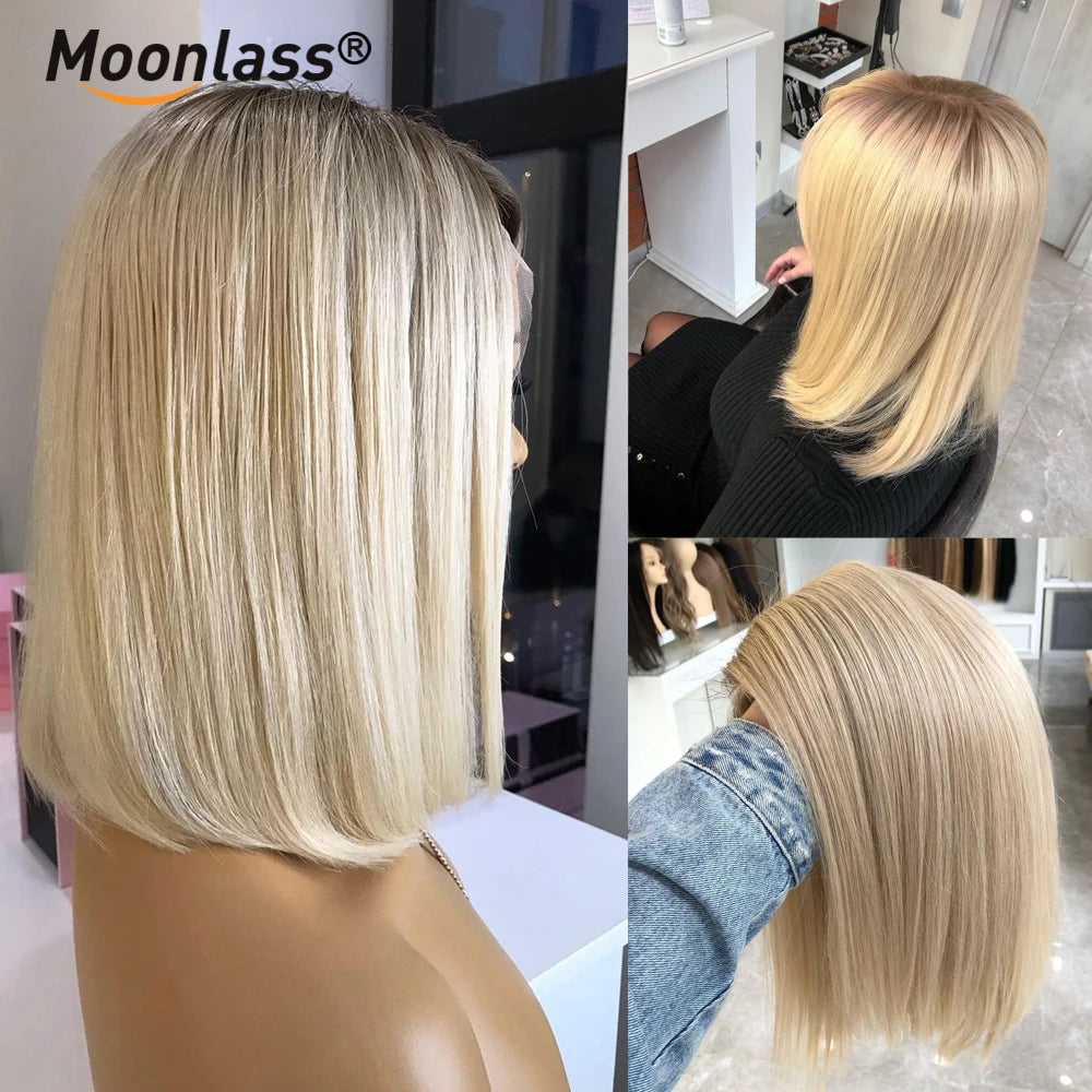 Moonlass Short Bob Cut Ash Blonde With Dark Root 100% Human Hair Wigs 220% Density Body Wave 13x4 Transparen Lace Front Wigs