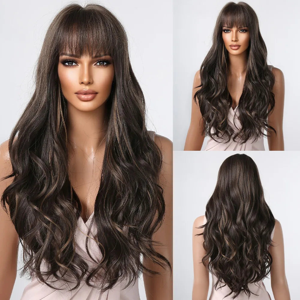 28 Inch Long Curly Wig With Bangs Ombre Brown Hair Wigs For Women Highlight Blonde Synthetic Wigs For Daily Party Heat Resistant