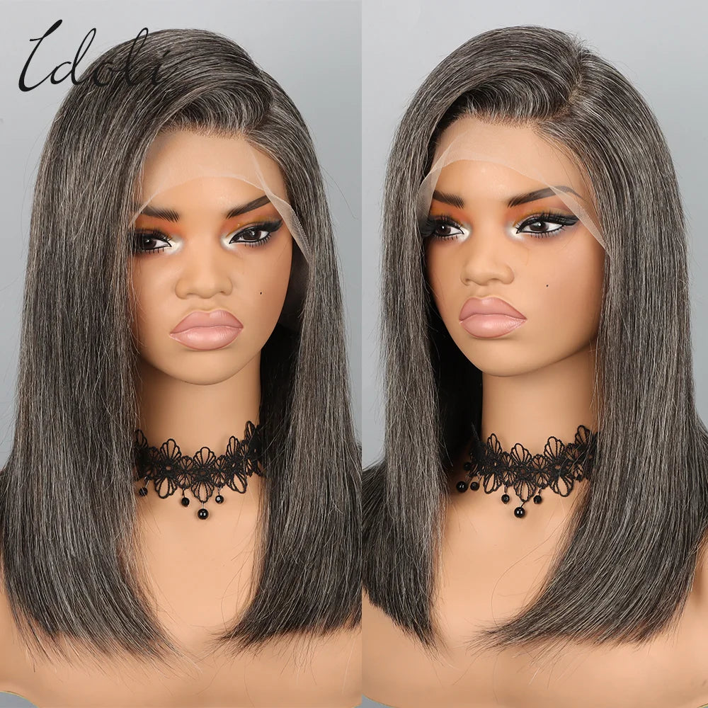 Salt and Pepper Grey Wigs Human Hair Bob Wig 13x4 Straight Lace Front Wigs Human Hair Natural Hairline Gray Human Hair Wig