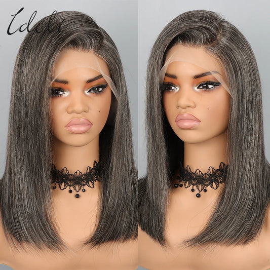 Salt and Pepper Grey Wigs Human Hair Bob Wig 13x4 Straight Lace Front Wigs Human Hair Natural Hairline Gray Human Hair Wig