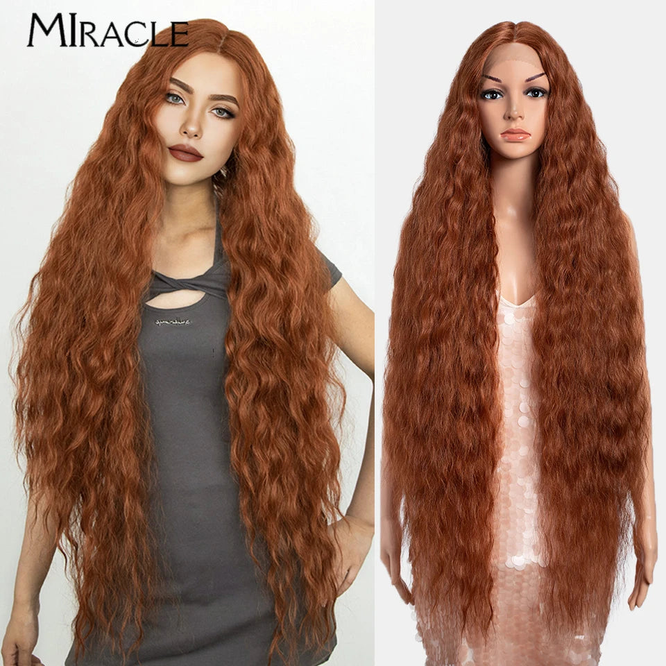 MIRACLE Synthetic Lace Front Wig For Women 40 Inch Water Wave Lace Wig Cosplay Wigs 613 Pink Blonde Wig Super Long Fiber Hair