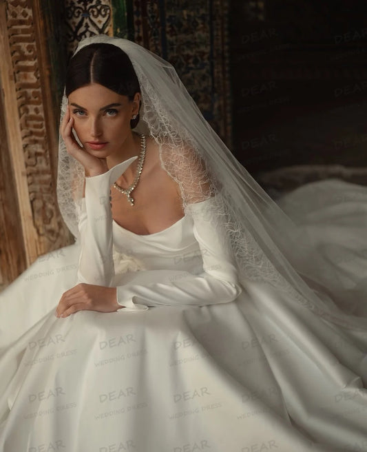 Simple 2025 Woman's A Line Wedding Dresses Sexy Off Shoulder Bridal Gowns Satin Long Sleeve Backless Vestido De Novia Customized