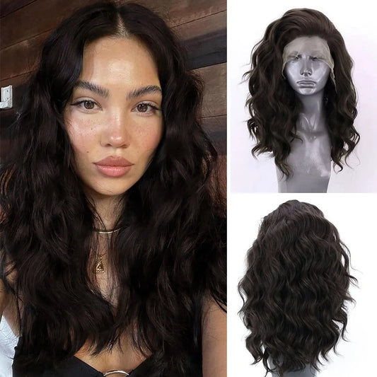 Dark Brown Lace Bob Wig Synthetic Lace Front Wigs for Women Loose Curly Wig Black Brown Wig Short Wig Natural Wave Daily Use