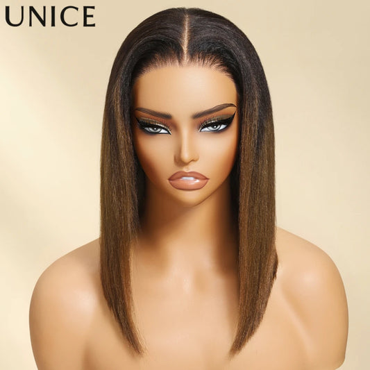 Unice Hair 7x5 Bye-Bye Knots Chestnut Brown Ombre Yaki Straight Bob Wig Human Hair Pre Cut Pre Bleached Glueless Wig