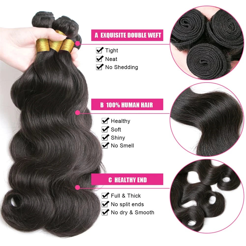 Body Wave Bundles Human Hair Brazilian Hair Weave Bundles 1/3/4 Bundle Deals Human Hair Extensions Natural Colored Hair Tissage
