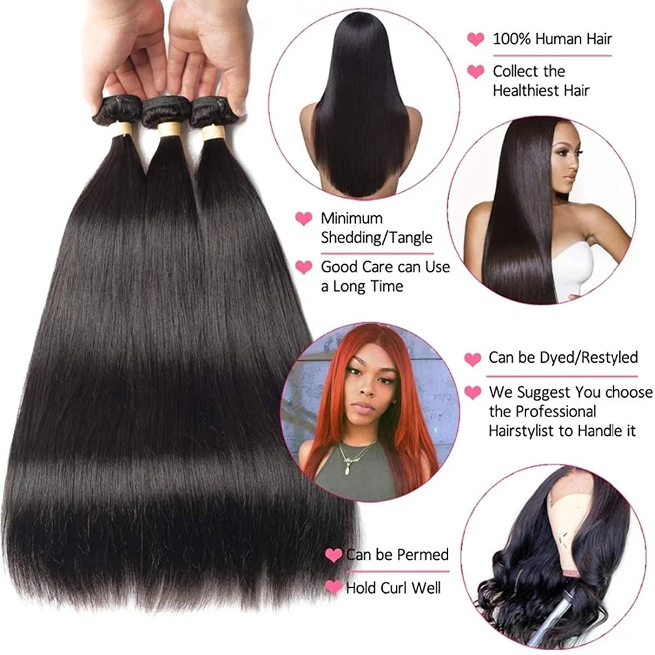 12A Bone Straight Hair Bundles Brazilian 100% Human Hair Weave Bundles 1/3/4 PCS Natural Black 8-30" Remy Human Hair Extensions