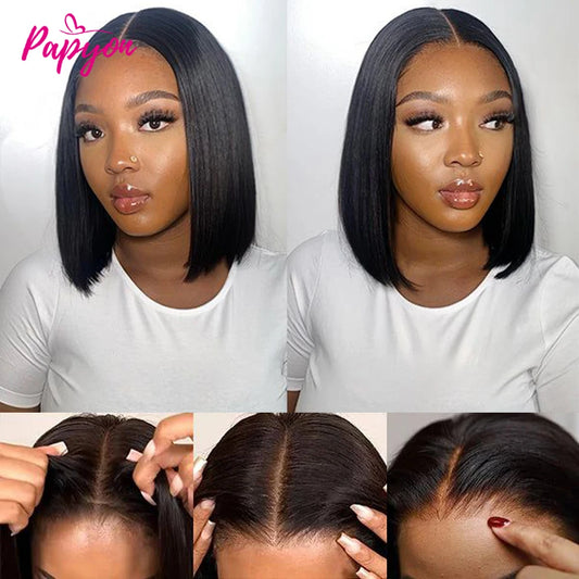 Short Bob Wigs Straight Glueless Wig Ready To Wear Human Hair Wigs Pre Cut 4x4 Elastic Drawstring Upgraded No Glue Lace Air Wig
