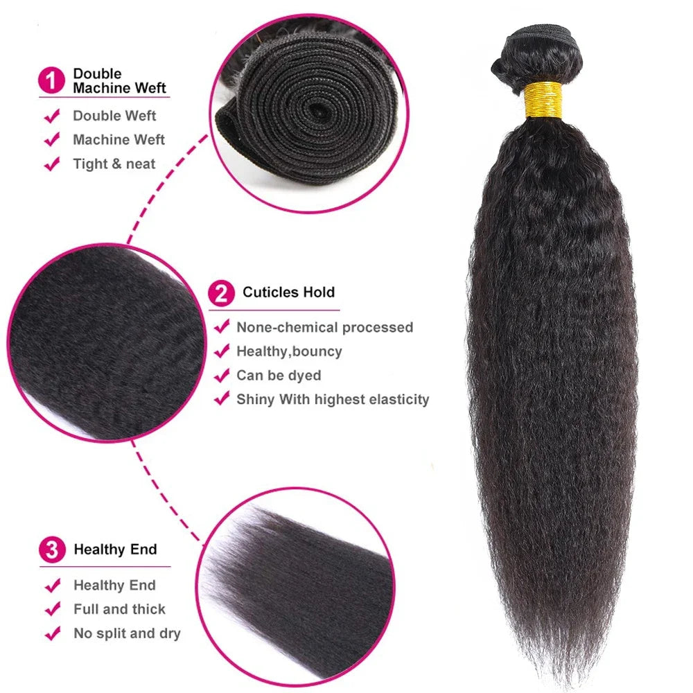 Kinky Straight Human Hair 1/3 Bundles 12-32 Inch 100% Peruvian Human Yaki 10A Hair Extensions for Women Delivery 3-5 Days France