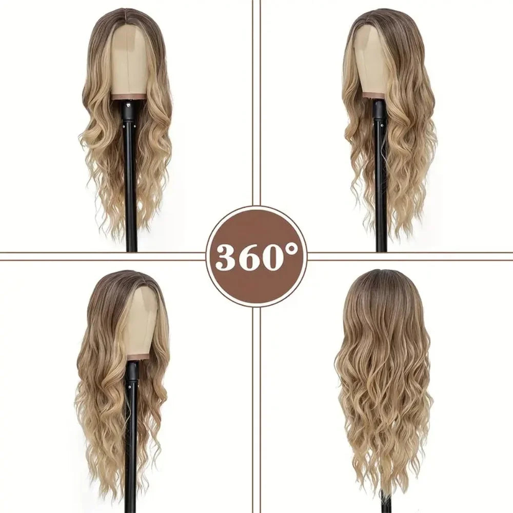 26 Inch Long Ash Blonde Wig for Women Ombre Blonde Highlight Wigs Middle Part Synthetic Lace Wig for Daily Cosplay Party Use