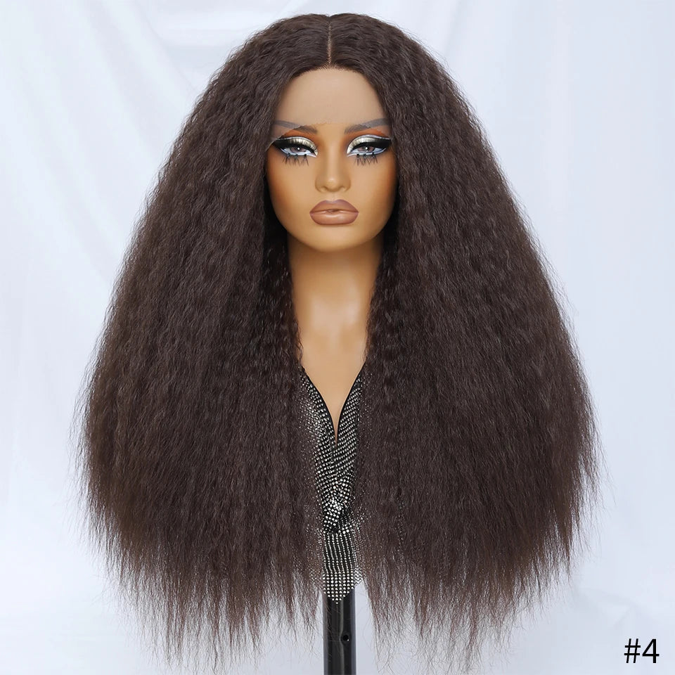 28 Inch Kinky Straight Lace Wigs Synthetic Black T Part Yaki Straight Lace Front Wigs For Women Brown Afro Wigs With Hair Line