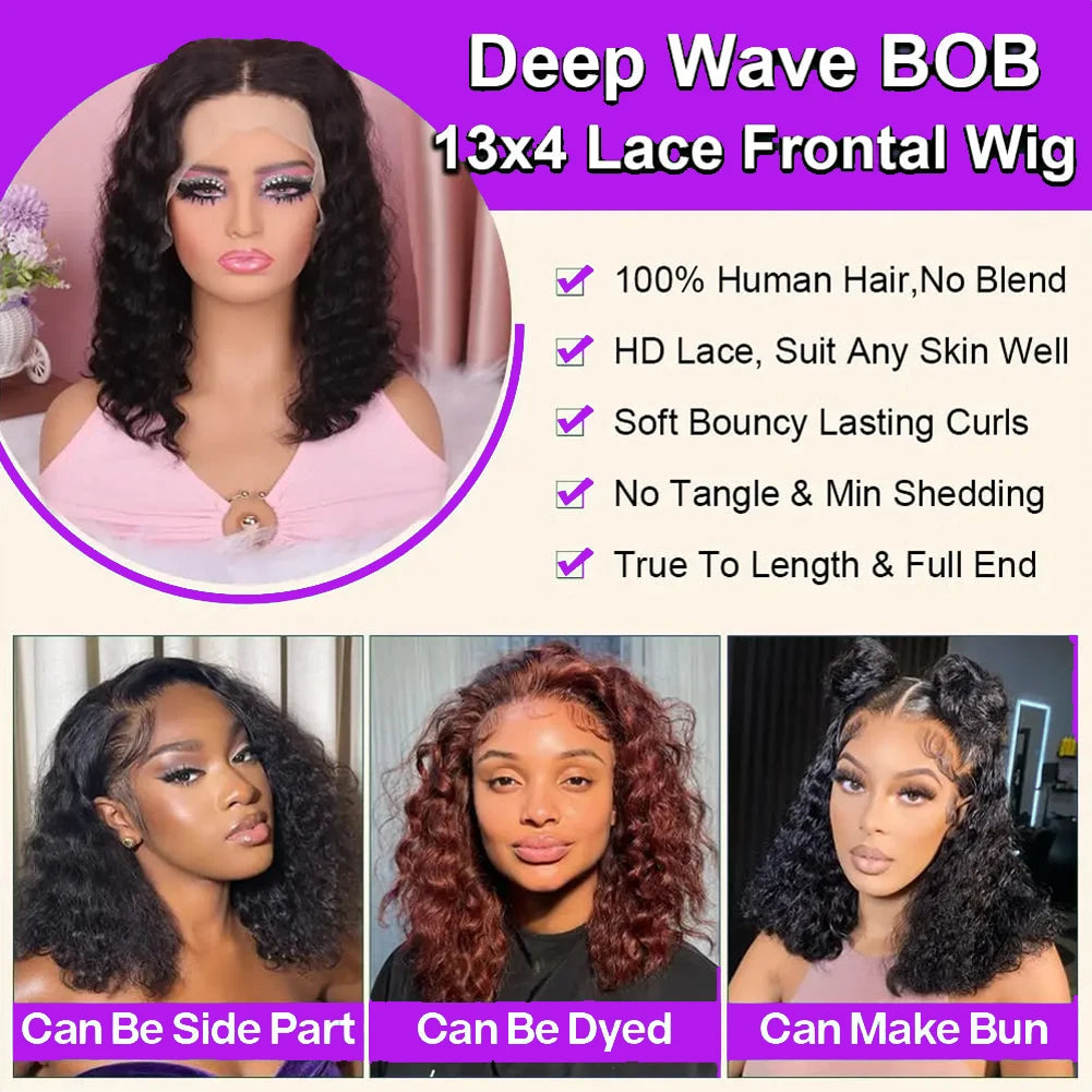 Bob Wigs Human Hair Deep Wave Curly Short Bob Wigs 13X4 Transparent Lace Front Wigs 200% Density 100% Human Hair For Black Women