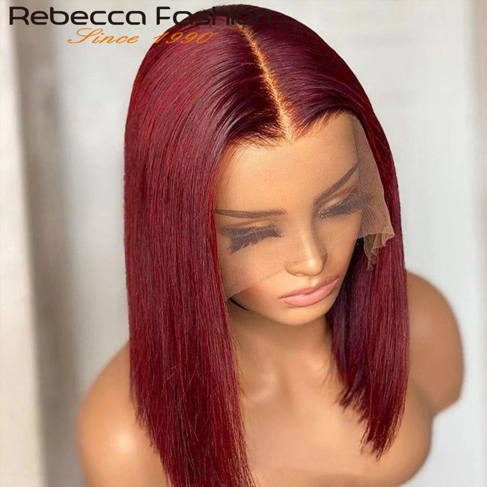 Rebecca Short Brown Color Bob Wig Peruvian Straight Lace Front Human Hair Wigs For Women 33 Reddish Brown 13*6*1 T Lace Part Wig