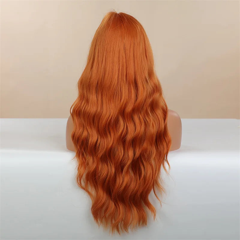 New synthetic fiber big wave wig Female orange air bangs long curly hair high temperature silk wig full head cover