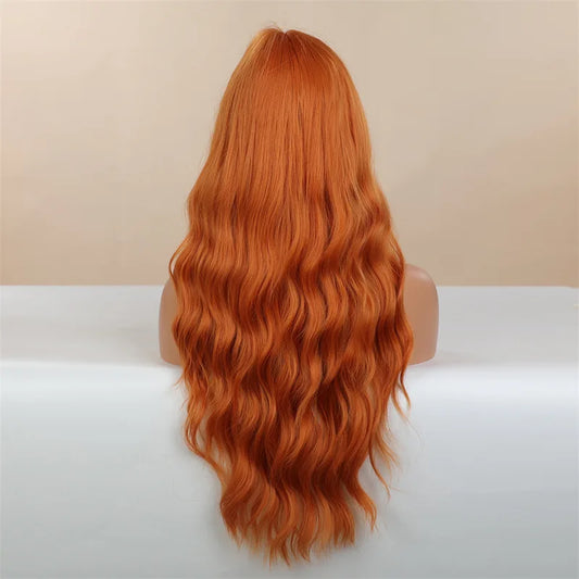 New synthetic fiber big wave wig Female orange air bangs long curly hair high temperature silk wig full head cover