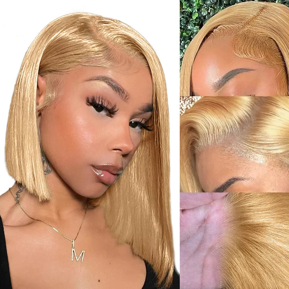 27# Honey Blonde Lace Frontal Wigs 13x4 Lace Front 100% Human Hair Wigs Bone Straight Bob Brazilian Wigs 200 Density on Sale
