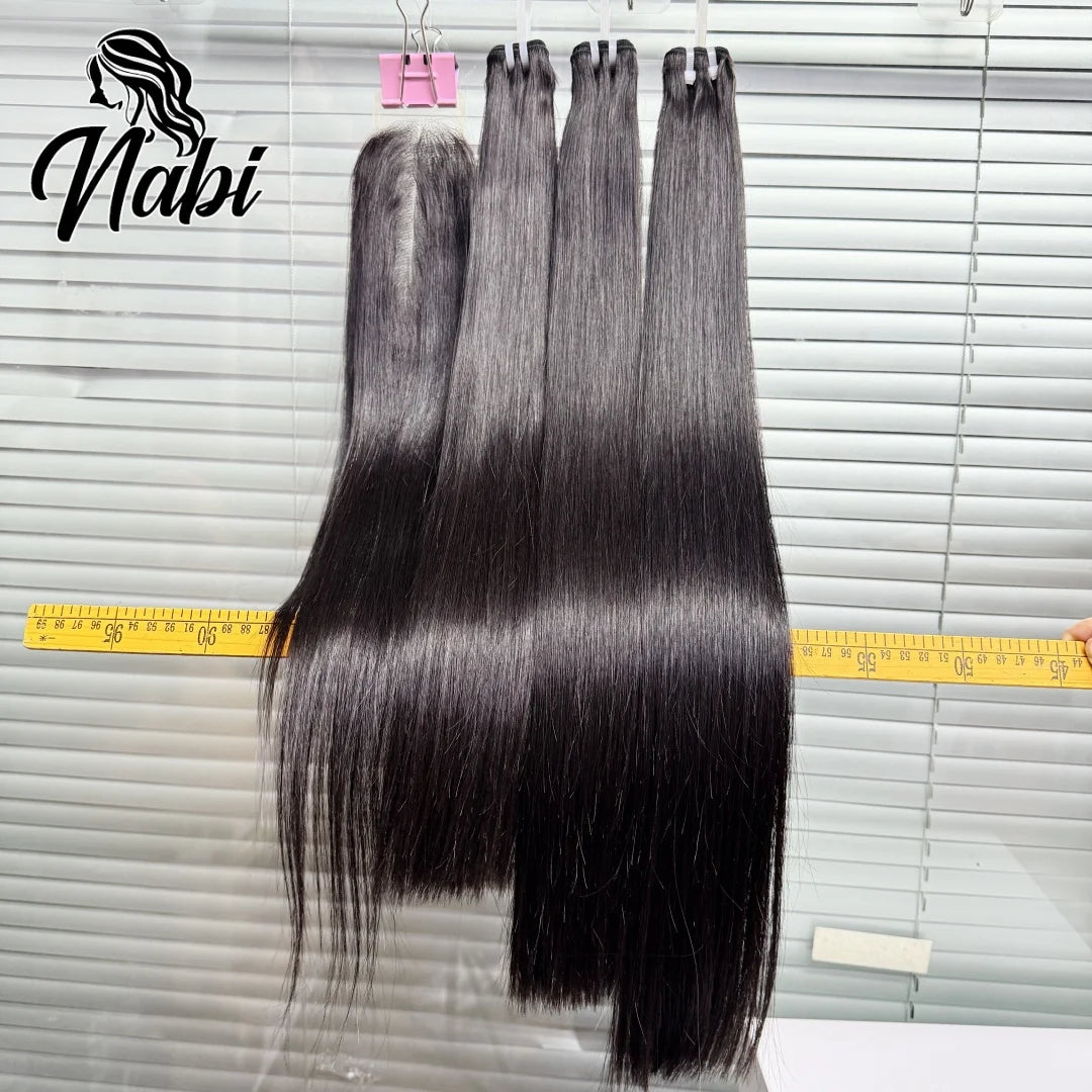 Nabi Natural Vietnamese Human Hair Bundles With 2X6 HD Lace Closure Middle Part 16A  Bone Straight for Weaving Wigs