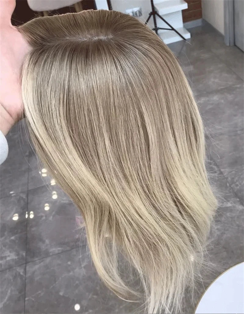 Preplucked Hairline Gentire Wig Premium Quality Ombre Ash Blonde Brunette Synthetic Lace Front Wig Blonde Natural Hair Wig 16''