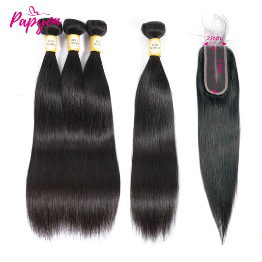 Straight Human Hair Bundles with 2x6 Middle Part Lace Closure 12A Brazilian Raw Hair Weaving Extensions Bundles And Closures
