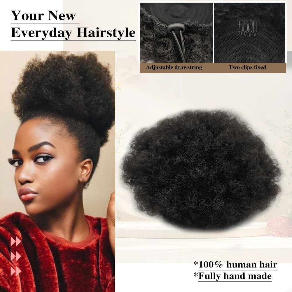 100% Human Hair Afro Kinky Puffs Drawstring Ponytail Extensions for Black Women 4# 99J 30# Kinky Curly Afro Puff Dount Chignon