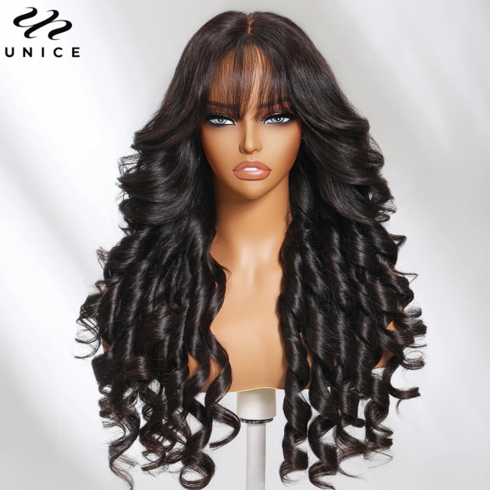 Unice Hair Pre Cut Pre Bleached 7x5 Loose Wave Wig With Bangs Wear Go Glueless Wig Pre Plucked Lace Front Human Hair Wig