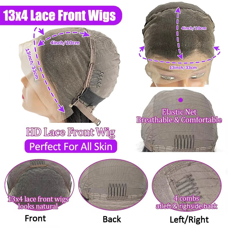 Deep Wave 13x4 Lace Frontal Bob Wig 200% Density Brazilian Pre Plucked 100% Human Hair Wigs #1B Water Wave Invisible Lace Wigs