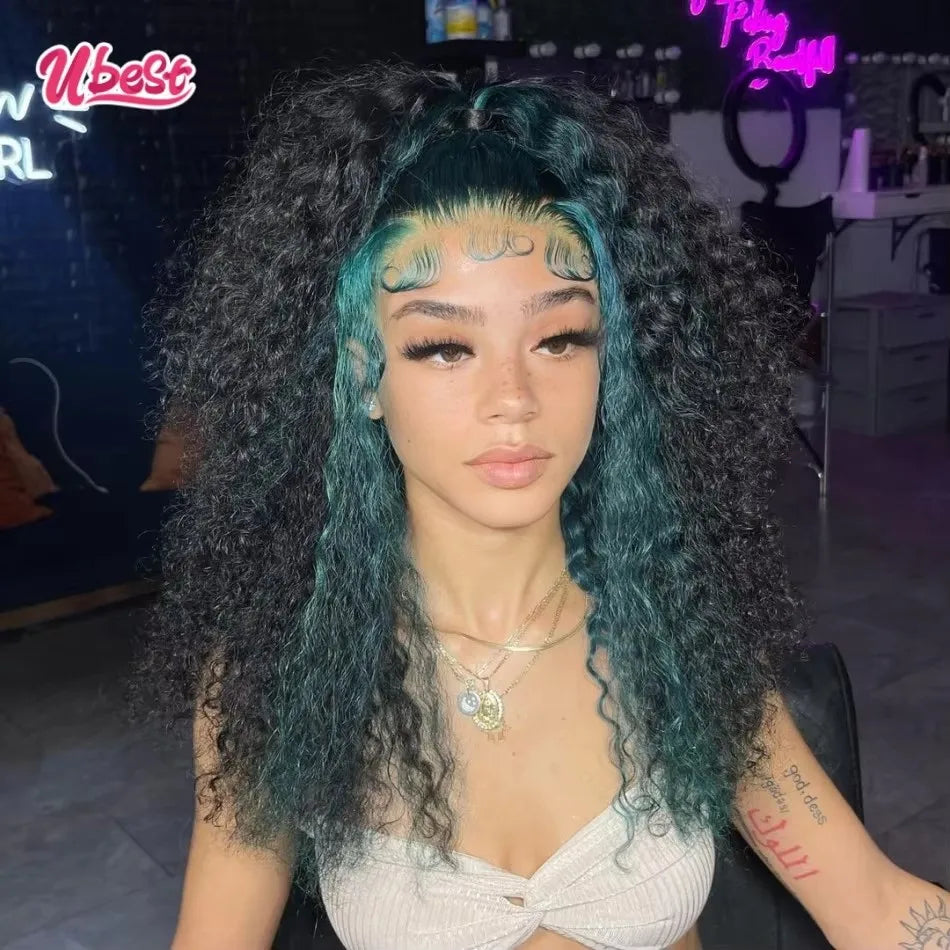 Ubest 13X6 Transparent Lace Front Wigs Curly 100％ Human Hair Ombre Dark Green Colored 5X5 Lace Closure Wig Pre Plucked For Women