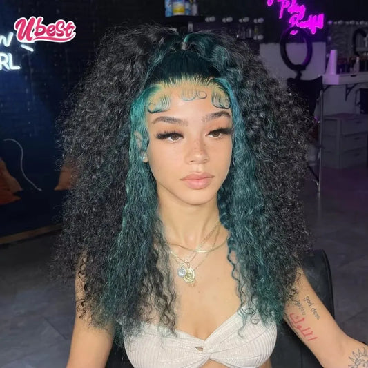 Ubest 13X6 Transparent Lace Front Wigs Curly 100％ Human Hair Ombre Dark Green Colored 5X5 Lace Closure Wig Pre Plucked For Women