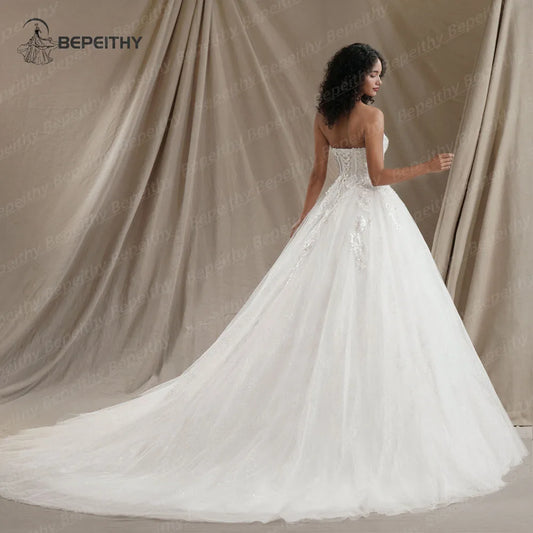 BEPEITHY Customized Strapless Glitter Princess Wedding Dresses 2025 Women Sleeveless 3D Flowers Bride Sexy Bridal Gown Vestido