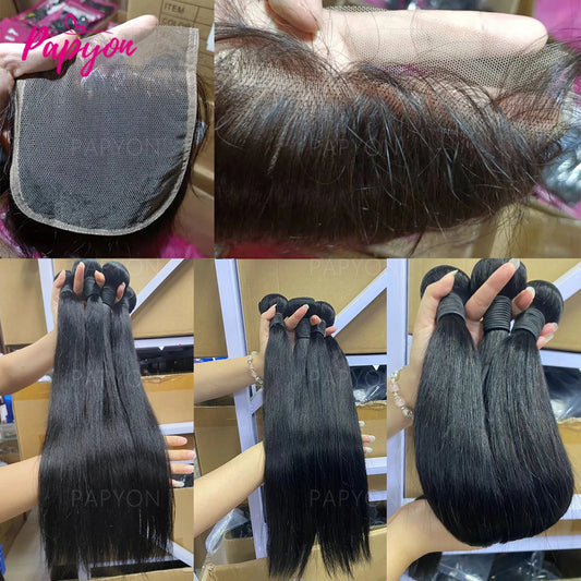Straight Human Hair Bundles With Closure 6x6 Transparent Lace Closure Frontal Raw Human Hair Weave Bundles with Closure