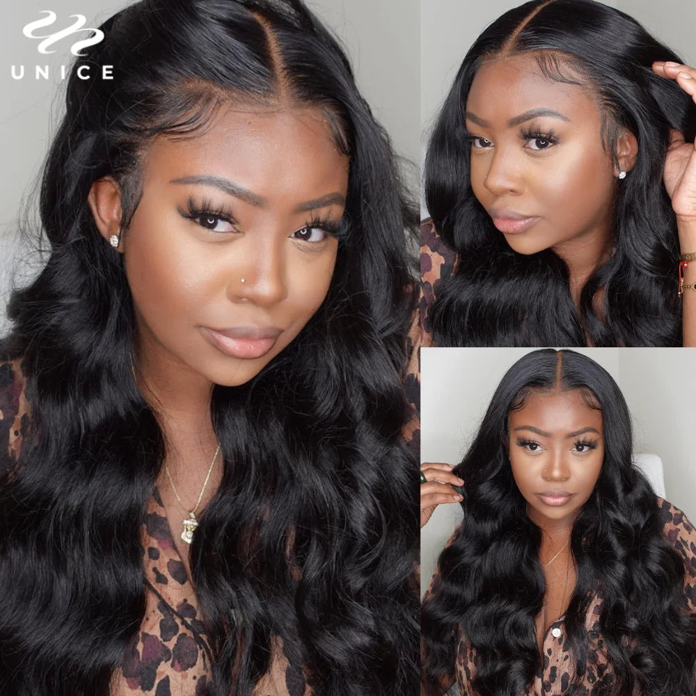 UNice 3D Body Wave Wig 250% Density 13x4 Human Hair Lace Frontal Wig Pre Plucked Pre Bleached Pre Cut Gluless Wig Ready To Wear