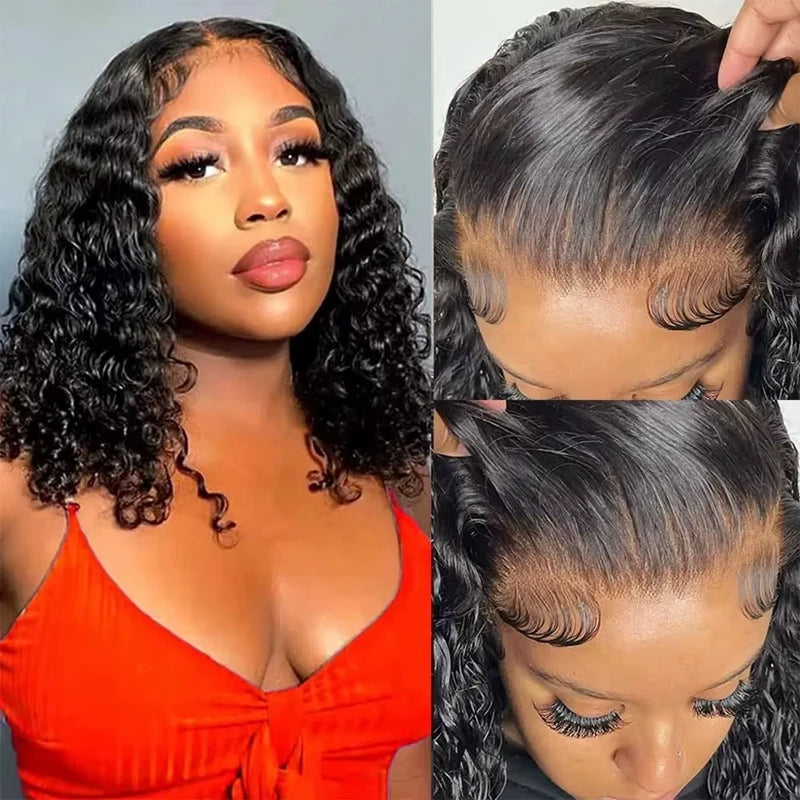Deep Wave 13x4 Lace Frontal Bob Wig 200% Density Brazilian Pre Plucked 100% Human Hair Wigs #1B Water Wave Invisible Lace Wigs