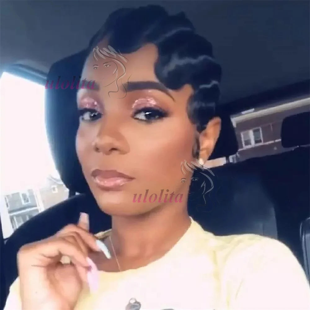 Pixie Cut Finger Wave Short Bob Wigs For Black Women Human Hair Ocean Wave Short Indian Human Hair Wig 13X1 Lace Front wigs