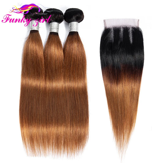 Straight Bundles Ombre Hair With Closure Brazilian Human Hair Weave Bundles Ombre Remy Closure With Bundles Medium Ratio 1B/30