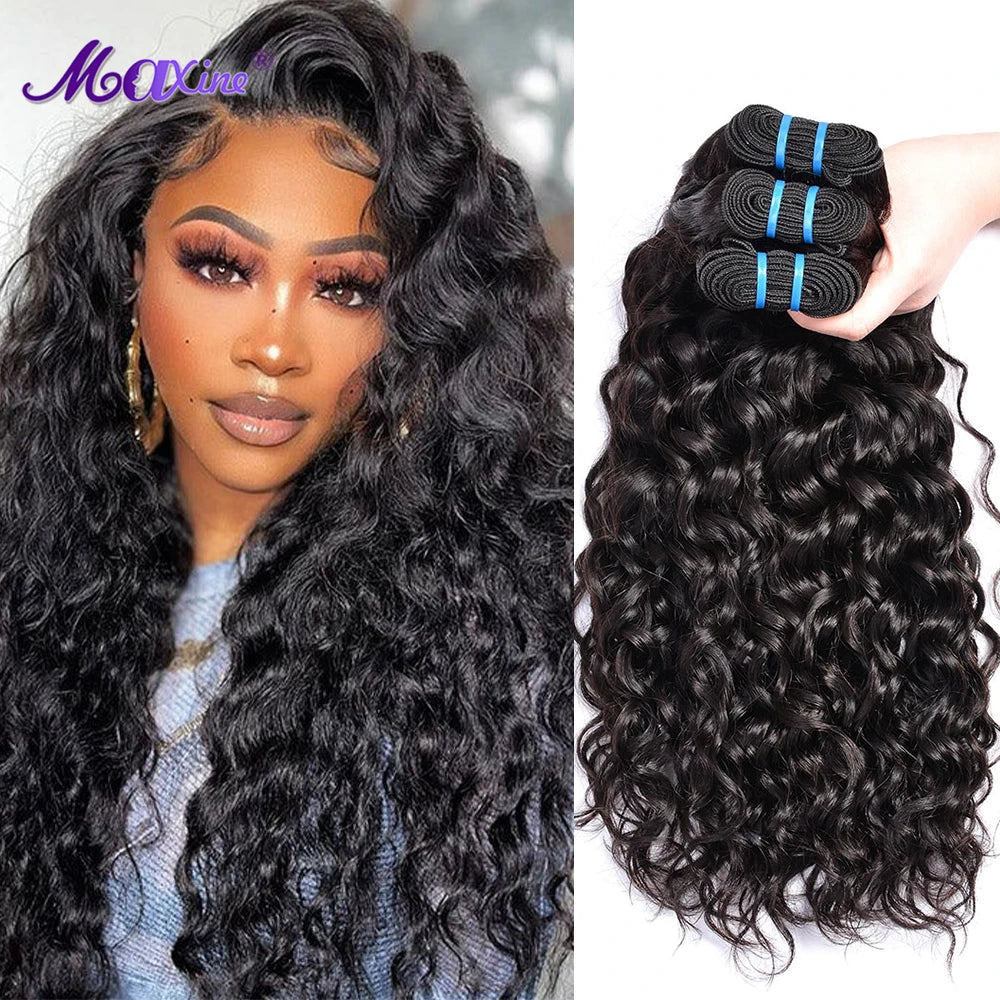 100% Human Hair Bundles 12A Unprocessed Water Wave Bundles Human Hair Weaving Maxine Wet and Wavy Curly Hair Bundles Extensions