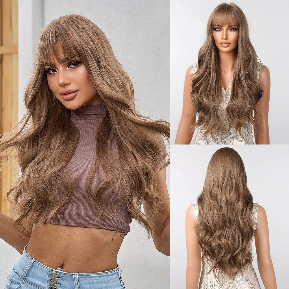 28 Inch Long Curly Wig With Bangs Ombre Brown Hair Wigs For Women Highlight Blonde Synthetic Wigs For Daily Party Heat Resistant