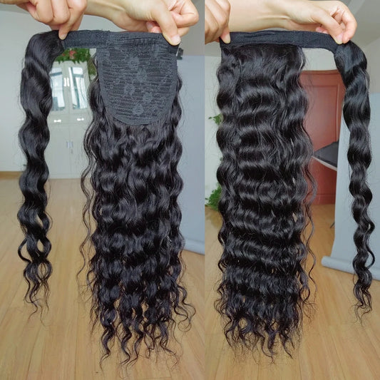 120g Natural Wave Human Hair Wrap Around Ponytail Remy Hair Extensions Brazilian Water Wavy Hair Pieces Natural Color For Women