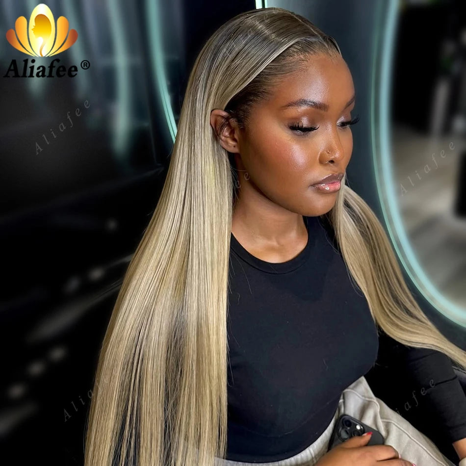 Ombre Dirty Blonde Straight Lace Frontal Wig 13x6 Human Hair Wigs Ash Blonde with Dark Roots 13x4 Lace Front Wigs for Women