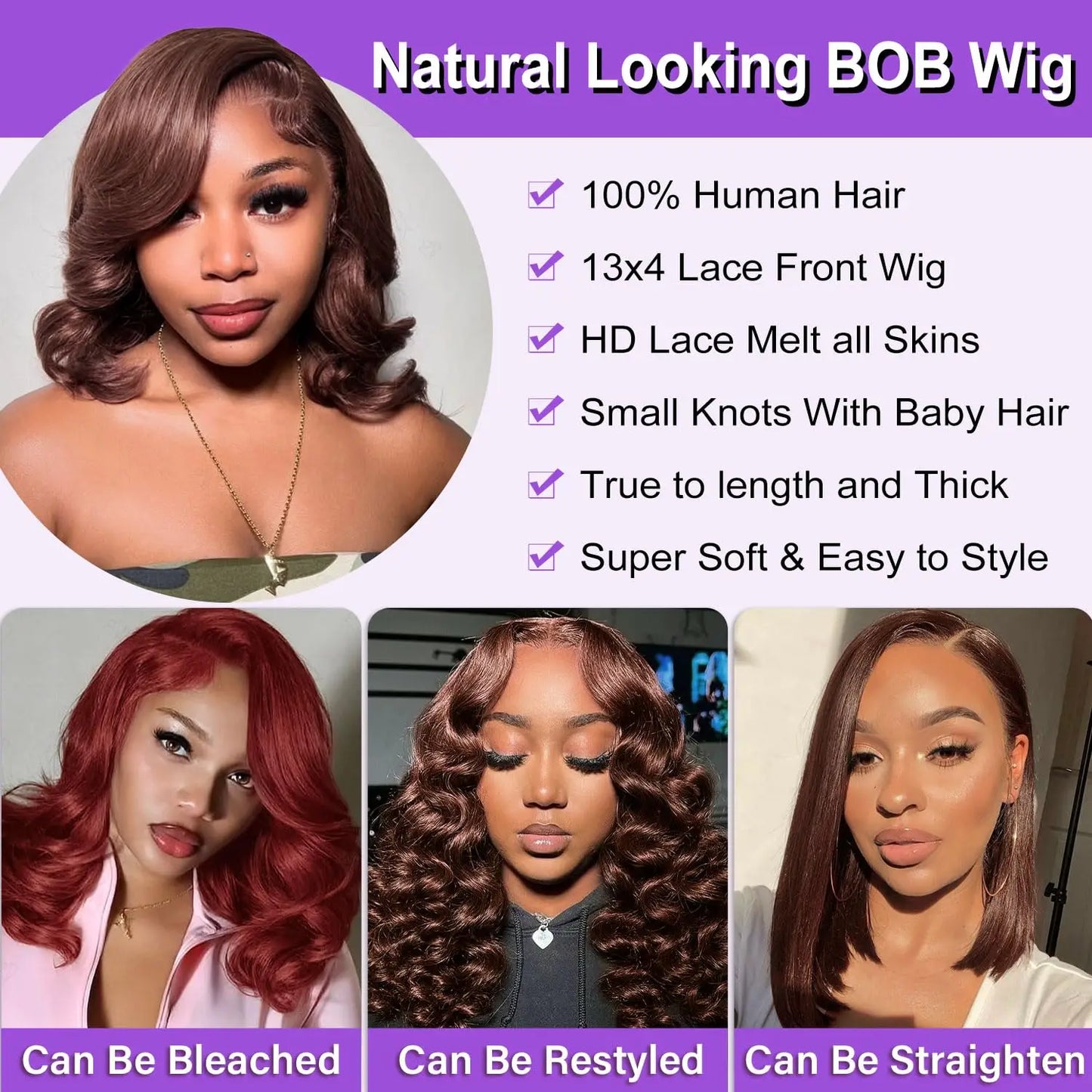 Chocolate Brown Body Wave Bob Wigs Human Hair 13x4 HD Lace Frontal Wigs 4# Colored 100% Human Hair Water Wave Preplucked 16 Inch
