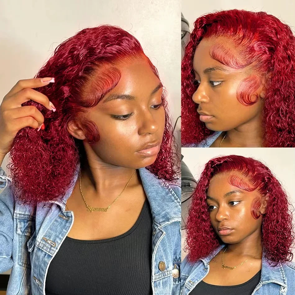 200% Density P4350 427 99j 1B Colored Burgundy Short Deep Water Wave 13x4 Lace Front Wigs Brazilian Short Bob 100% Human Hair