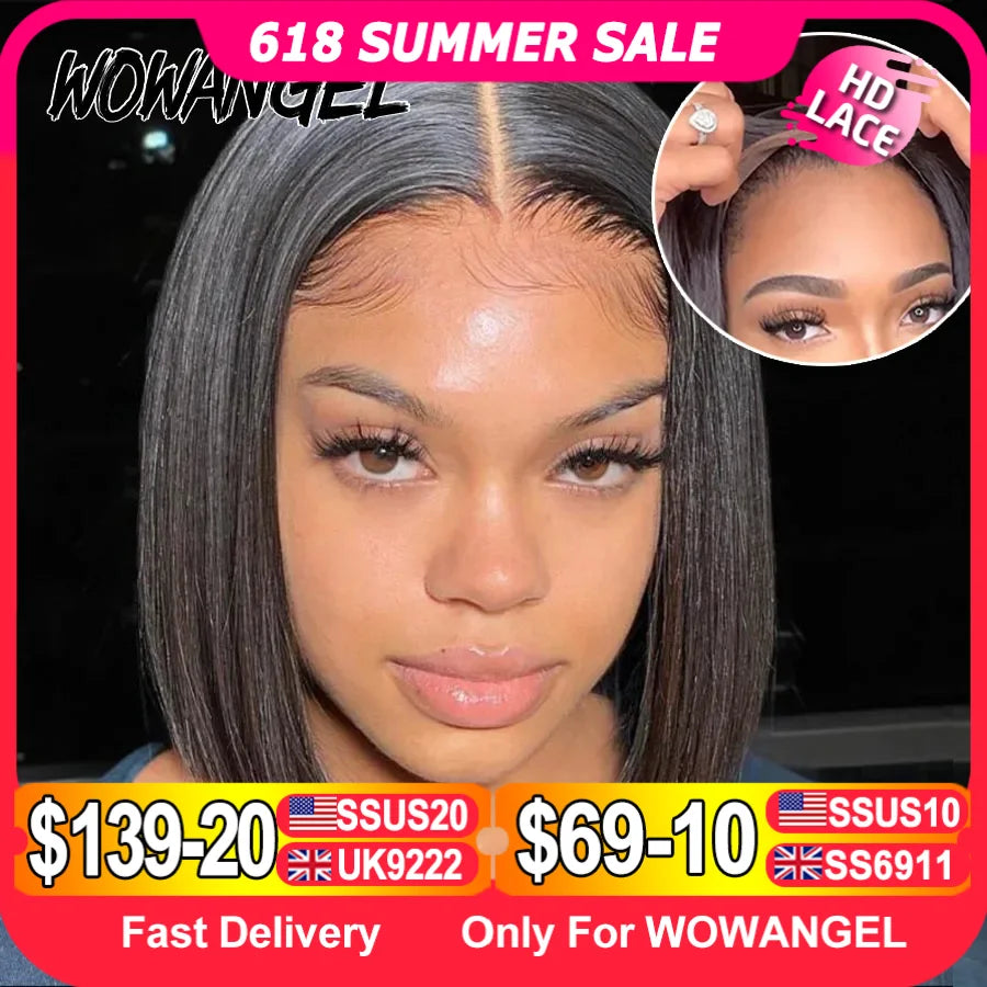 WOWANGEL Straight Bob Wig 5X5 HD Lace Closure Wig Ready To Wear Glueless Wig 250% Bob Wig Lace Front Human Hair Wigs Pre Plucked