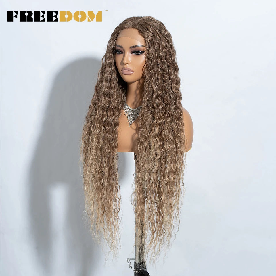 FREEDOM Synthetic Lace Front Wigs 34 Inch Super Long Curly Lace Wigs For Women Ombre Brown Lace Front Cosplay Wigs