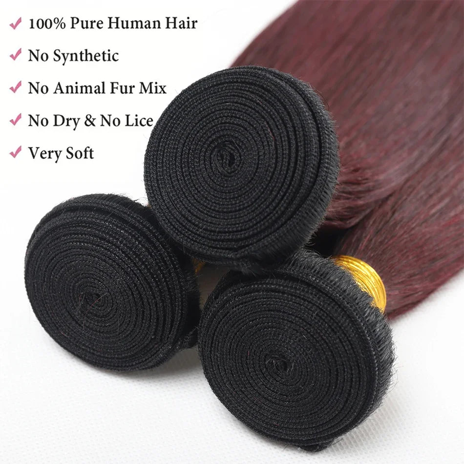 1b 99j Burgundy Human Hair Bundles Ombre Wine Red Bone Straight Human Hair 1/3 /4 Pcs Colored Brazilian Virgin Hair Extensions