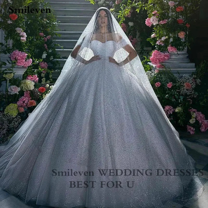 Smileven Princess Wedding Dress Ball Gowns Glitter Tulle Sweetheart Bride Dresses Robe De Mariee Off The Shoulder Wedding Gowns
