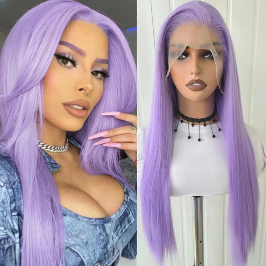 Purple Long Silky Straight Wig for Women Synthetic Free Part Lavender Colored Heat Resistant Fiber Hair Cosplay Daily Party
