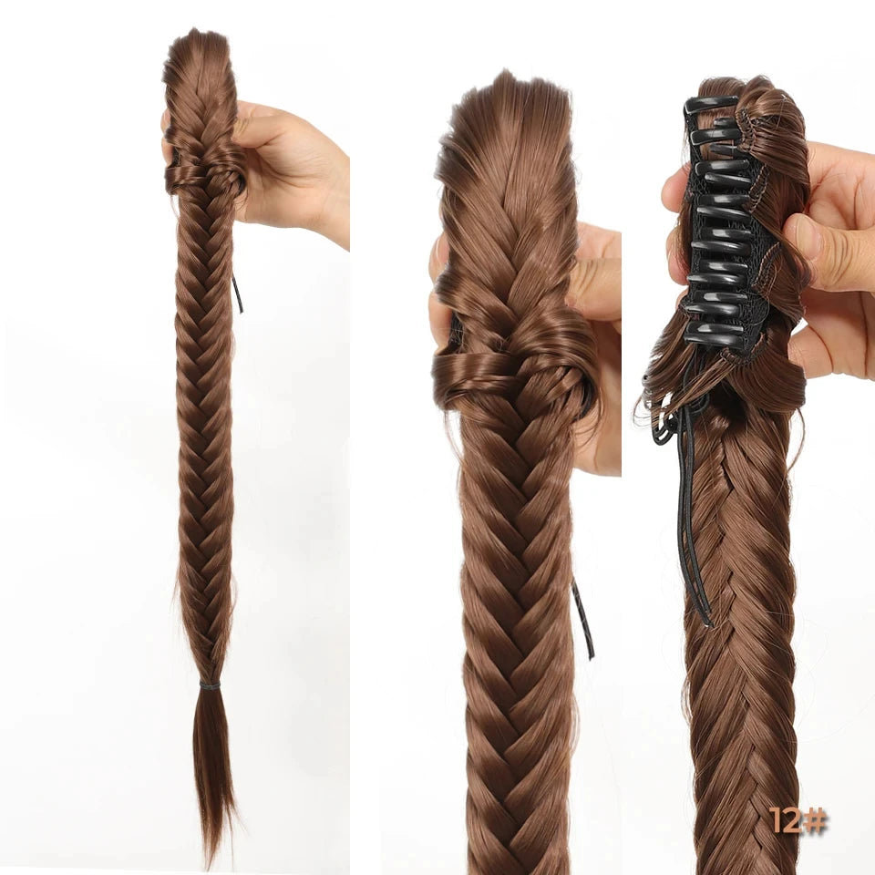 Synthetic Ponytail Extension Hairpiece Straight Claw Clip Fishbone Braid Ponytail For Women Heat Resistant Pony Tail Fake Hair