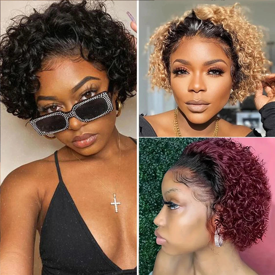 Pixie Cut Wig Kinky Curly Human Hair Wig Honey Blonde Burgundy Colored Short Curly Bob Wigs Pre plucked 13x1 Lace Frontal Wigs