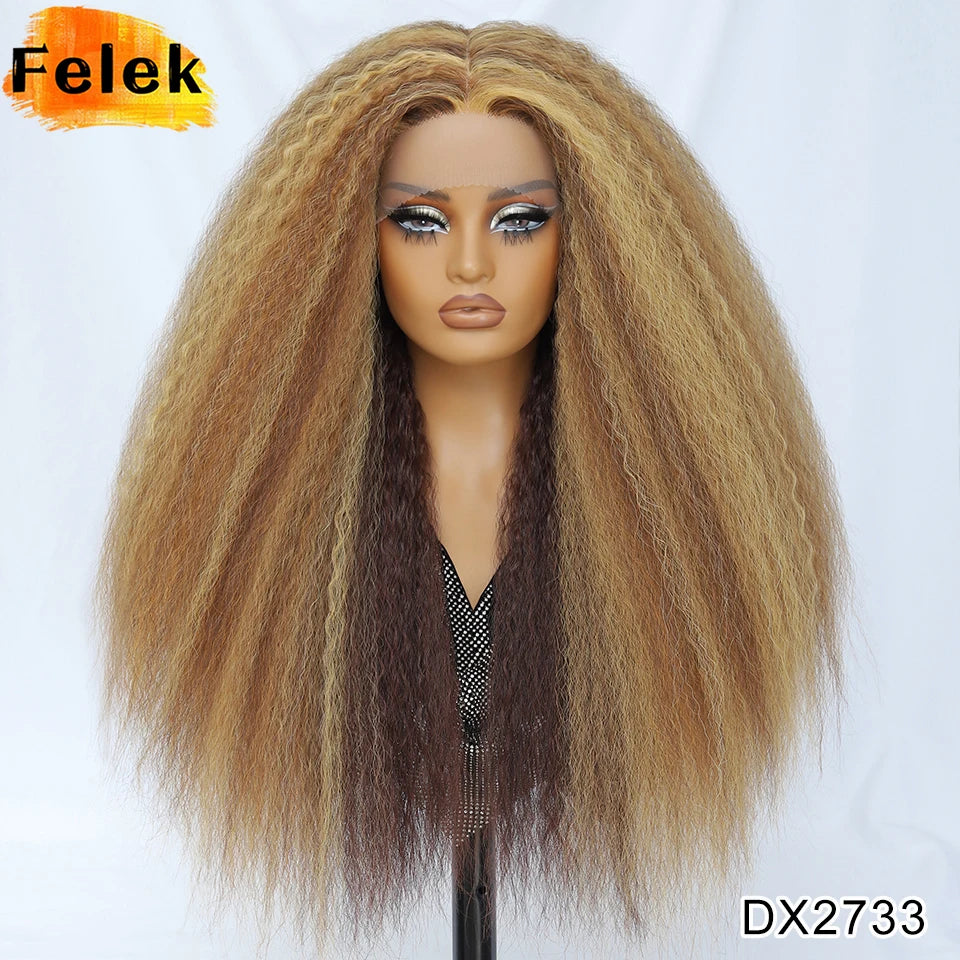 28 Inch Kinky Straight Lace Wigs Synthetic Black T Part Yaki Straight Lace Front Wigs For Women Brown Afro Wigs With Hair Line