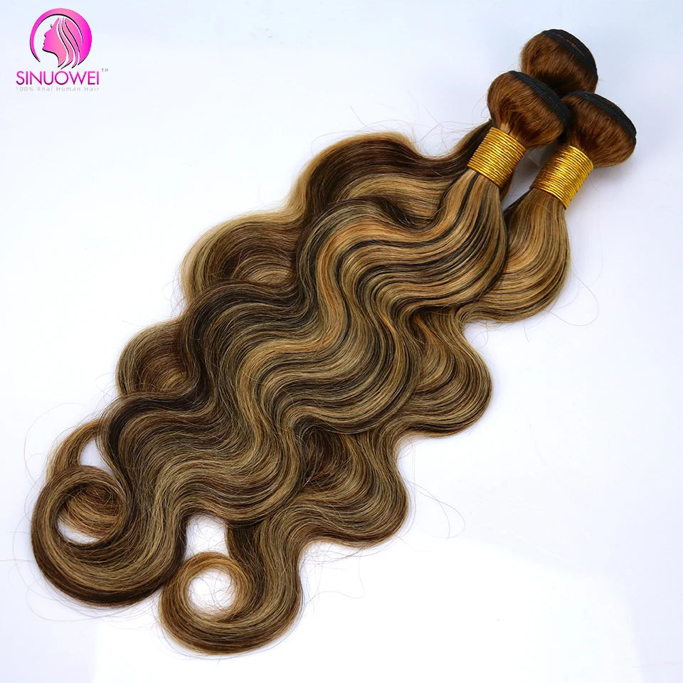 P4/27 Highlight Body Wave 3/4 Real Human Hair Bundles With 13x4 Transparent Lace Frontal Pre-Plucked Peruvian Remy Hair