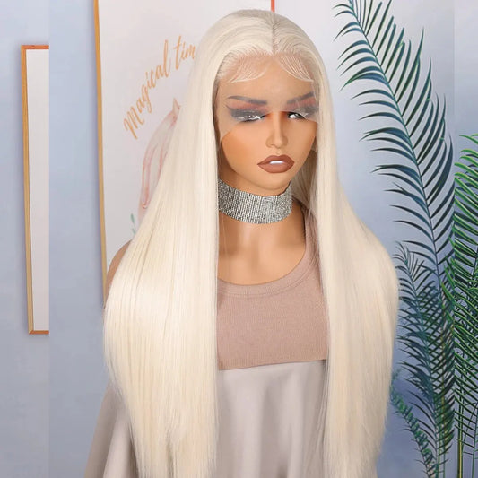 Soft Preplucked Ash Blonde White 26Inch 180Density Straight Lace Front Wig Synthetic With Baby Hair Glueless Daily Wear Wigs